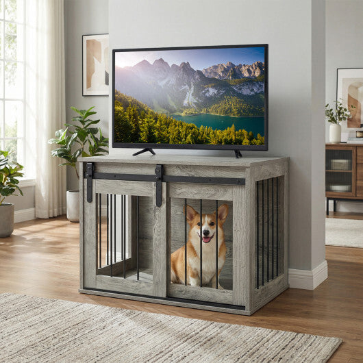 Dog Crate Furniture Heavy Duty Dog Kennel with Sliding Barn Door-Gray