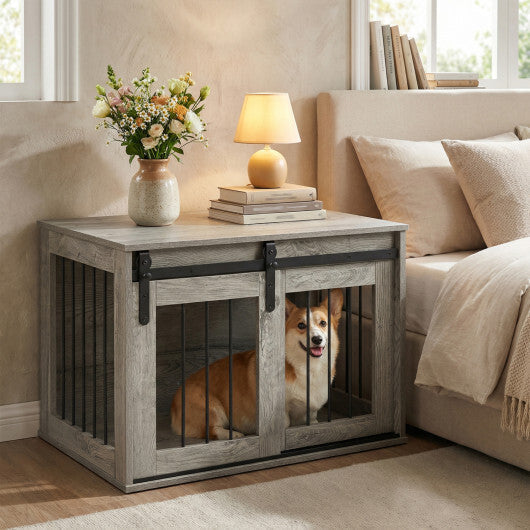 Dog Crate Furniture Heavy Duty Dog Kennel with Sliding Barn Door-Gray