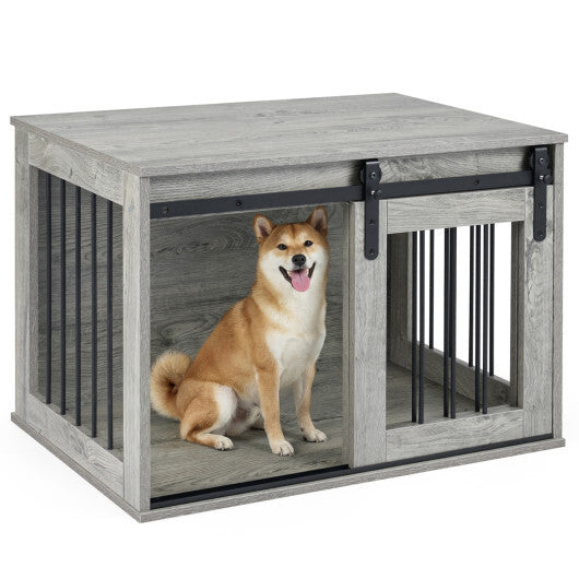 Dog Crate Furniture Heavy Duty Dog Kennel with Sliding Barn Door-Gray