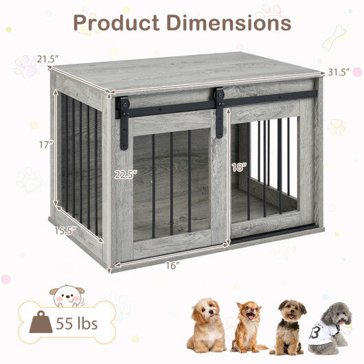 Dog Crate Furniture Heavy Duty Dog Kennel with Sliding Barn Door-Gray