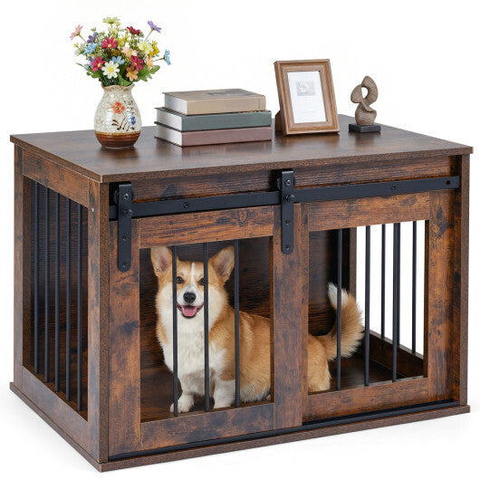 Dog Crate Furniture Heavy Duty Dog Kennel with Sliding Barn Door-Gray