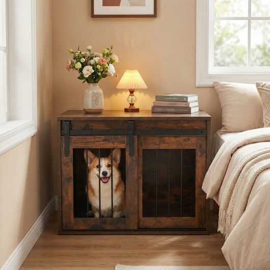 Dog Crate Furniture Heavy Duty Dog Kennel with Sliding Barn Door-Gray