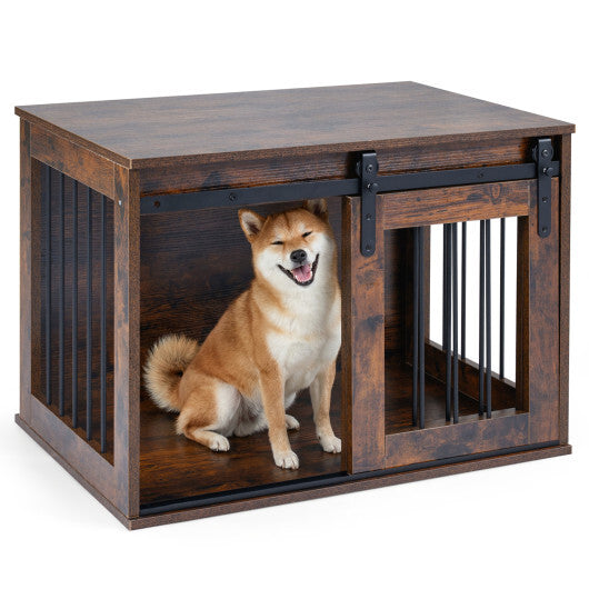 Dog Crate Furniture Heavy Duty Dog Kennel with Sliding Barn Door-Gray