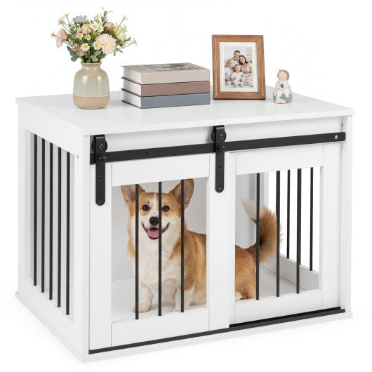 Dog Crate Furniture Heavy Duty Dog Kennel with Sliding Barn Door-Gray