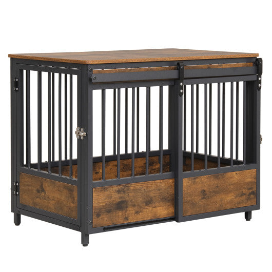 Furniture Style Dog Crate with 2 Doors and Safety Latch and Dog Mat-Rustic Brown