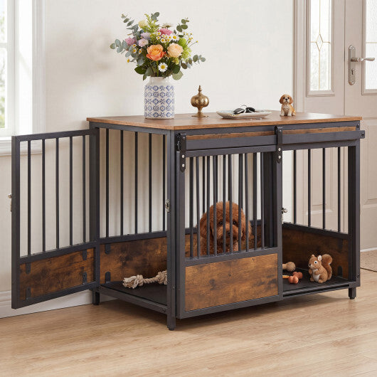 Furniture Style Dog Crate with 2 Doors and Safety Latch and Dog Mat-Rustic Brown