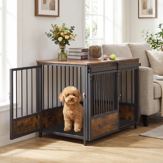 Furniture Style Dog Crate with 2 Doors and Safety Latch and Dog Mat-Rustic Brown