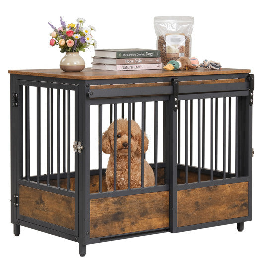 Furniture Style Dog Crate with 2 Doors and Safety Latch and Dog Mat-Rustic Brown