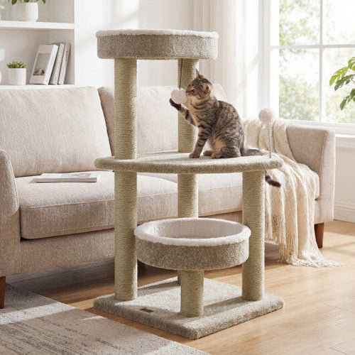 36" Carpeted Cat Tree with Plush Perches Scratching Posts and Dangling Ball