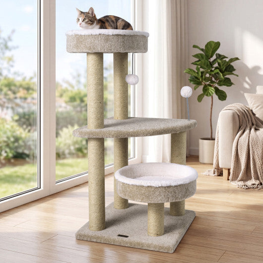 36" Carpeted Cat Tree with Plush Perches Scratching Posts and Dangling Ball