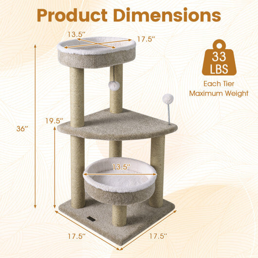 36" Carpeted Cat Tree with Plush Perches Scratching Posts and Dangling Ball