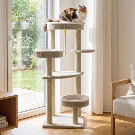 51"Carpeted Cat Tree with Comfy Plush Perches for Indoor Cats-Beige