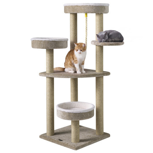51"Carpeted Cat Tree with Comfy Plush Perches for Indoor Cats-Beige
