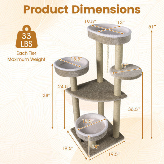 51"Carpeted Cat Tree with Comfy Plush Perches for Indoor Cats-Beige