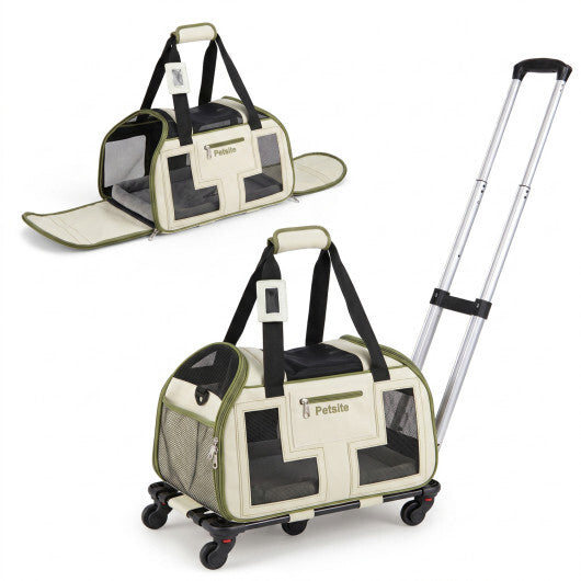 Rolling Pet Carrier with Wheels & Telescopic Handle and Mesh Windows for Pets-Blue