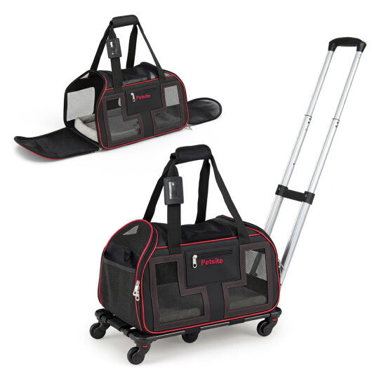Rolling Pet Carrier with Wheels & Telescopic Handle and Mesh Windows for Pets-Blue