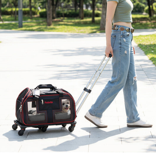 Rolling Pet Carrier with Wheels & Telescopic Handle and Mesh Windows for Pets-Blue