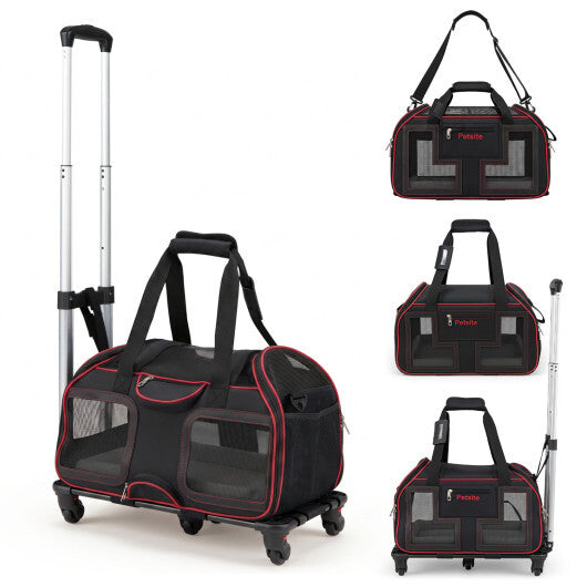 Rolling Pet Carrier with Wheels & Telescopic Handle and Mesh Windows for Pets-Blue