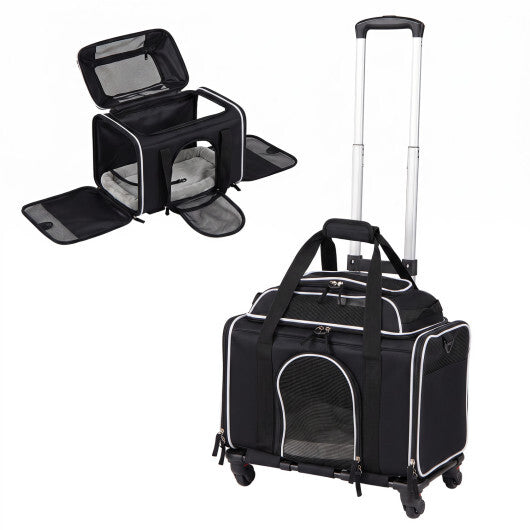Foldable Pet Carrier with Wheels Airline Approved Rolling Cat and Dog Carrier-Black
