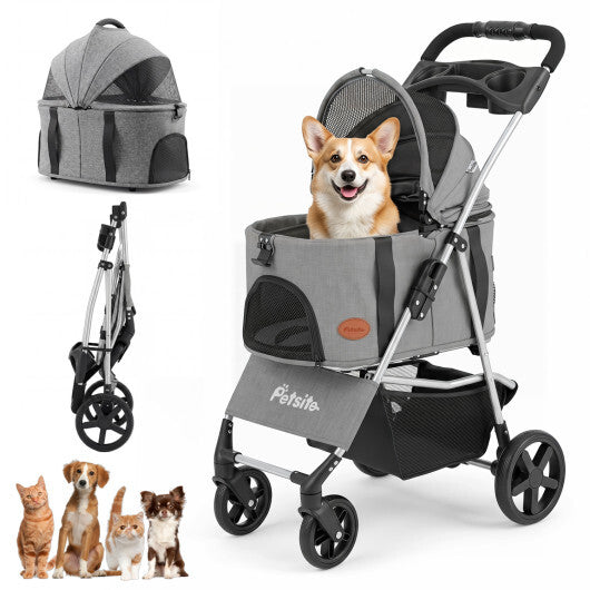3-in-1 Pet Stroller for Small Medium Dogs Foldable with Detachable Carrier-Gray