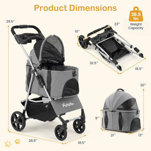 3-in-1 Pet Stroller for Small Medium Dogs Foldable with Detachable Carrier-Gray