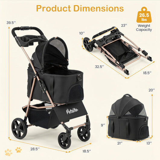 3-in-1 Pet Stroller for Small Medium Dogs Foldable with Detachable Carrier-Gray