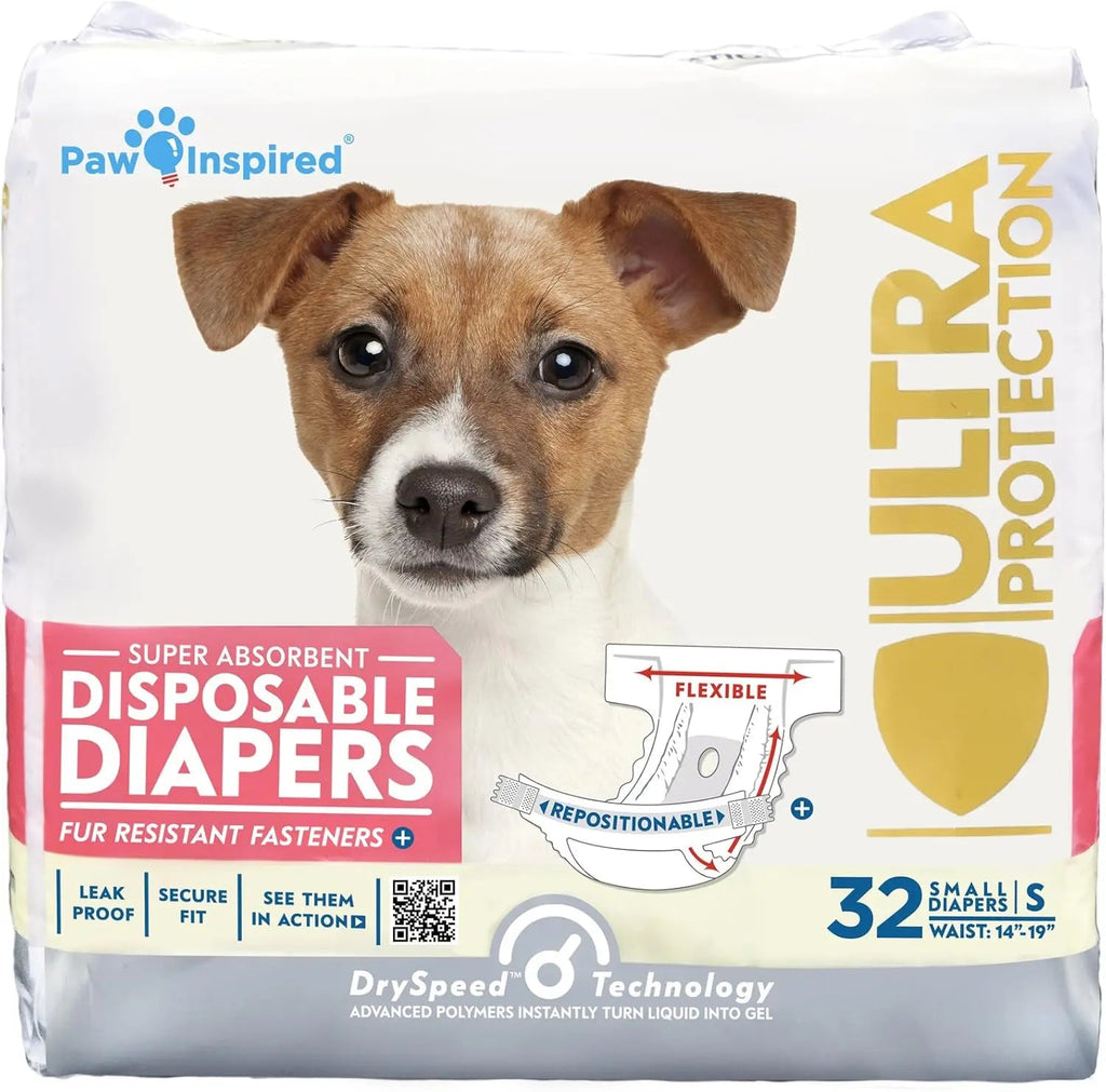 Paw Inspired Disposable Dog Diapers – Leakproof Protection for Dogs Small (32 Count)