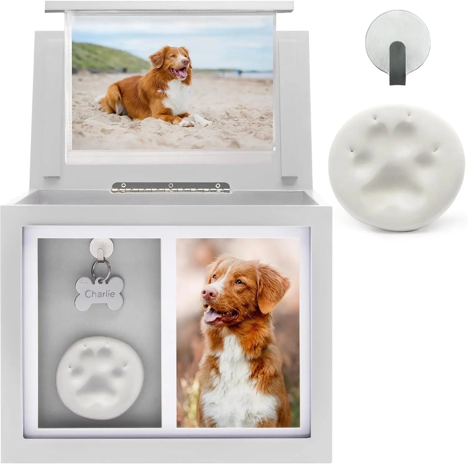 Pet Memorial Urn Keepsake Box for Dogs & Cats w/ Paw Print Kit & Album White