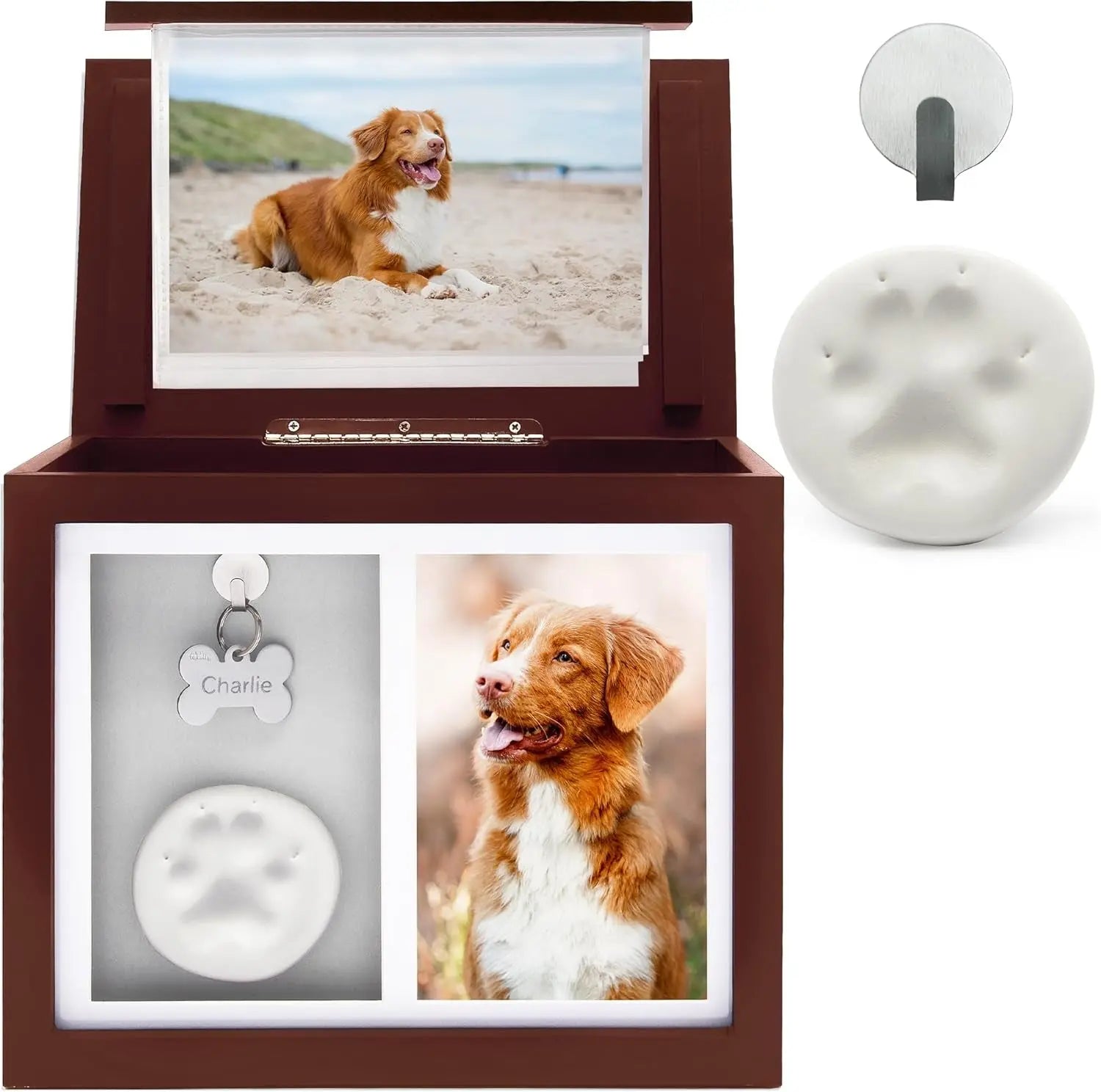 Pet Memorial Urn Keepsake Box with Photo Frame, Paw Print Kit & Photo Album Brown
