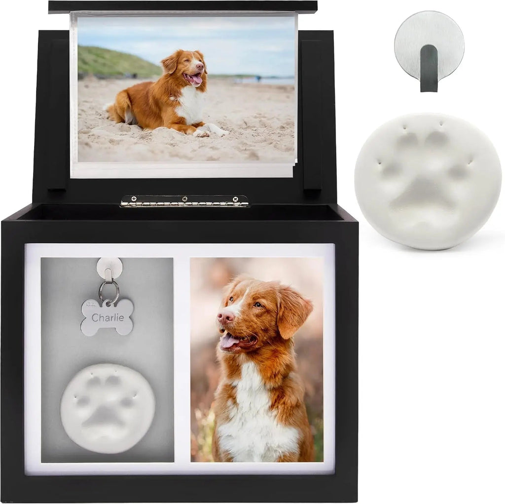 Pet Memorial Urn Keepsake Box with Photo Frame, Paw Print Kit & Photo Album Black