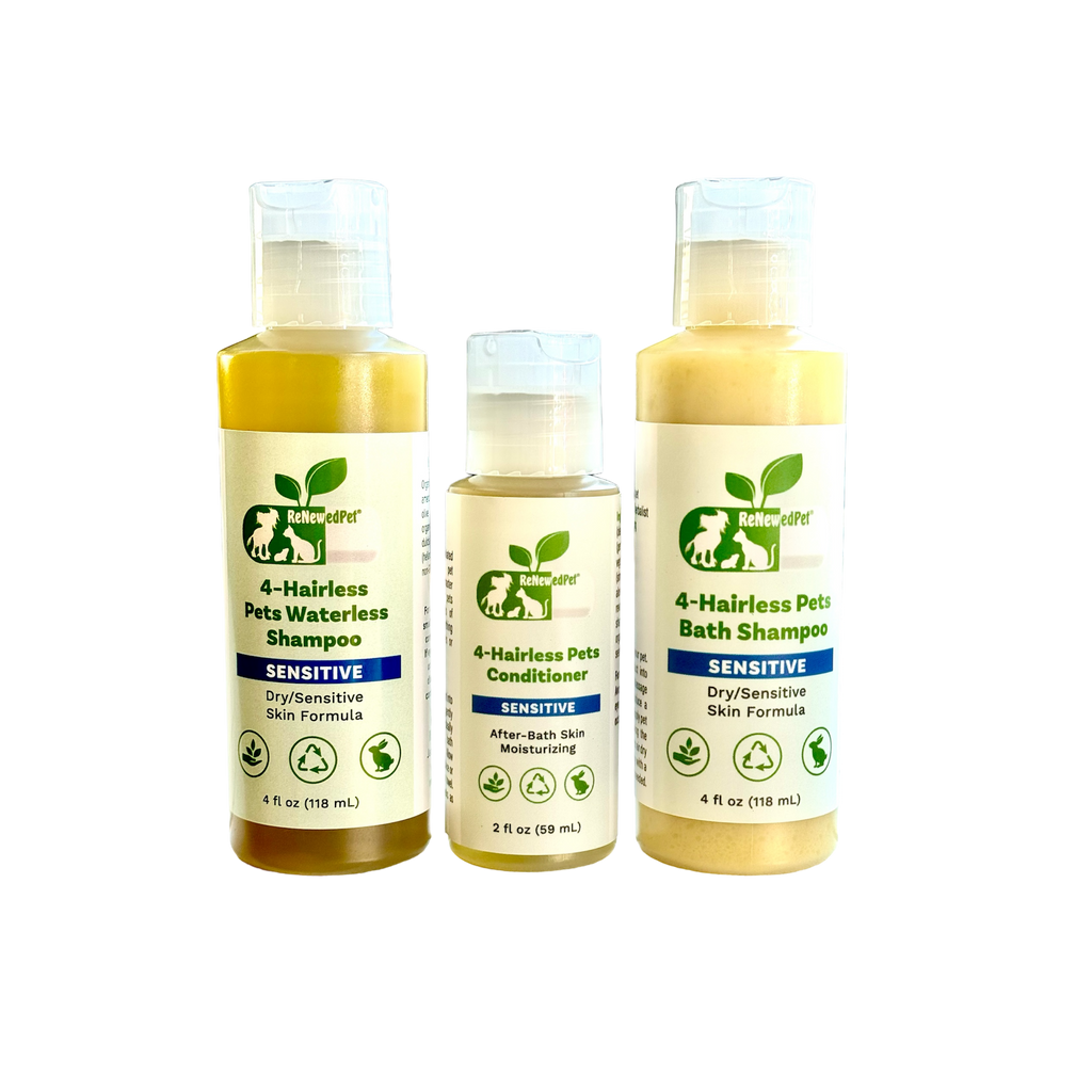 4-HAIRLESS PETS SENSITIVE SHAMPOO, WATERLESS & CONDITIONER KIT HALF SIZE ($4.95 oz.)