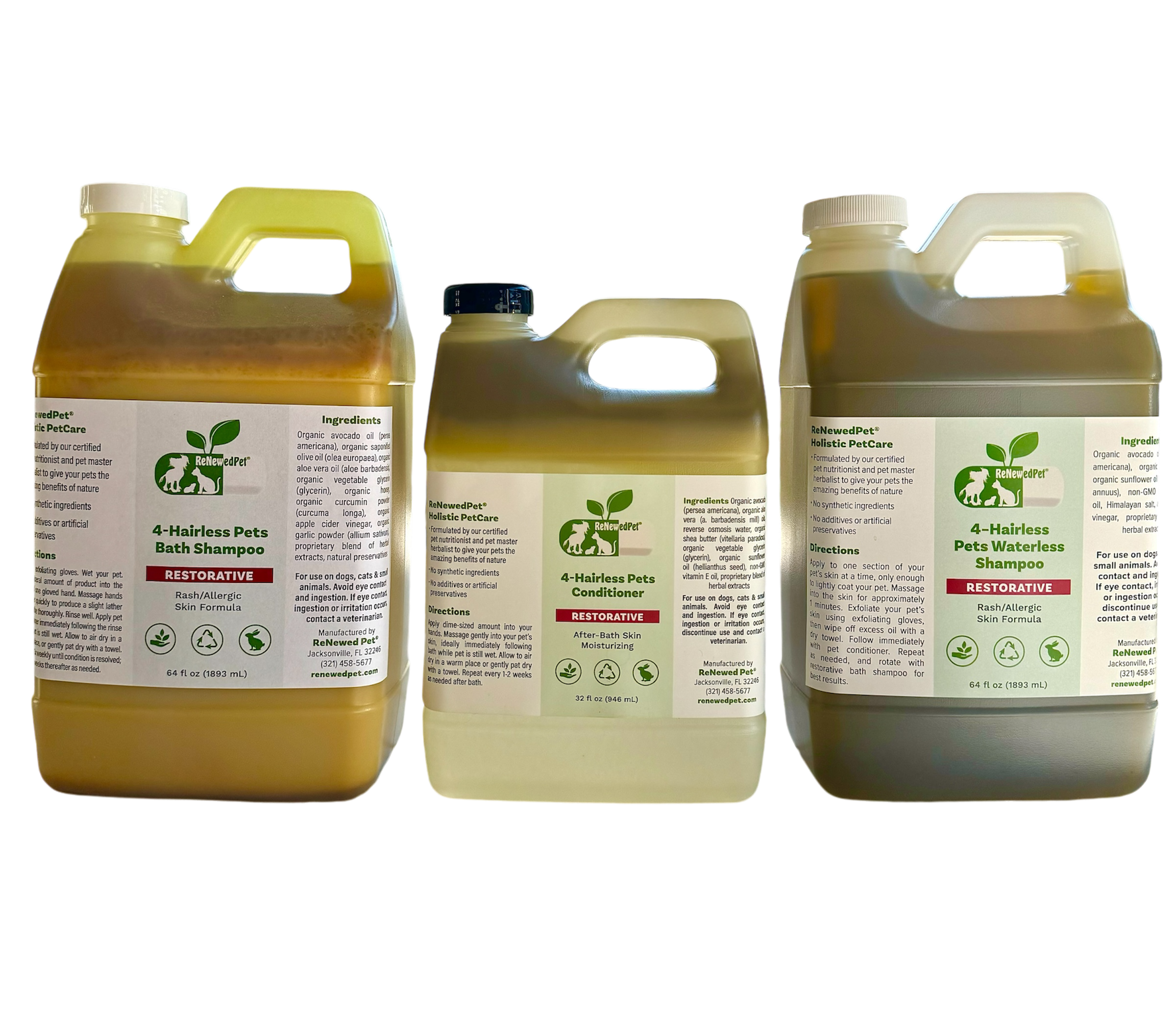 4-HAIRLESS PETS RESTORATIVE SHAMPOO, WATERLESS & CONDITIONER ECONOMY SIZE - SAVE 40%