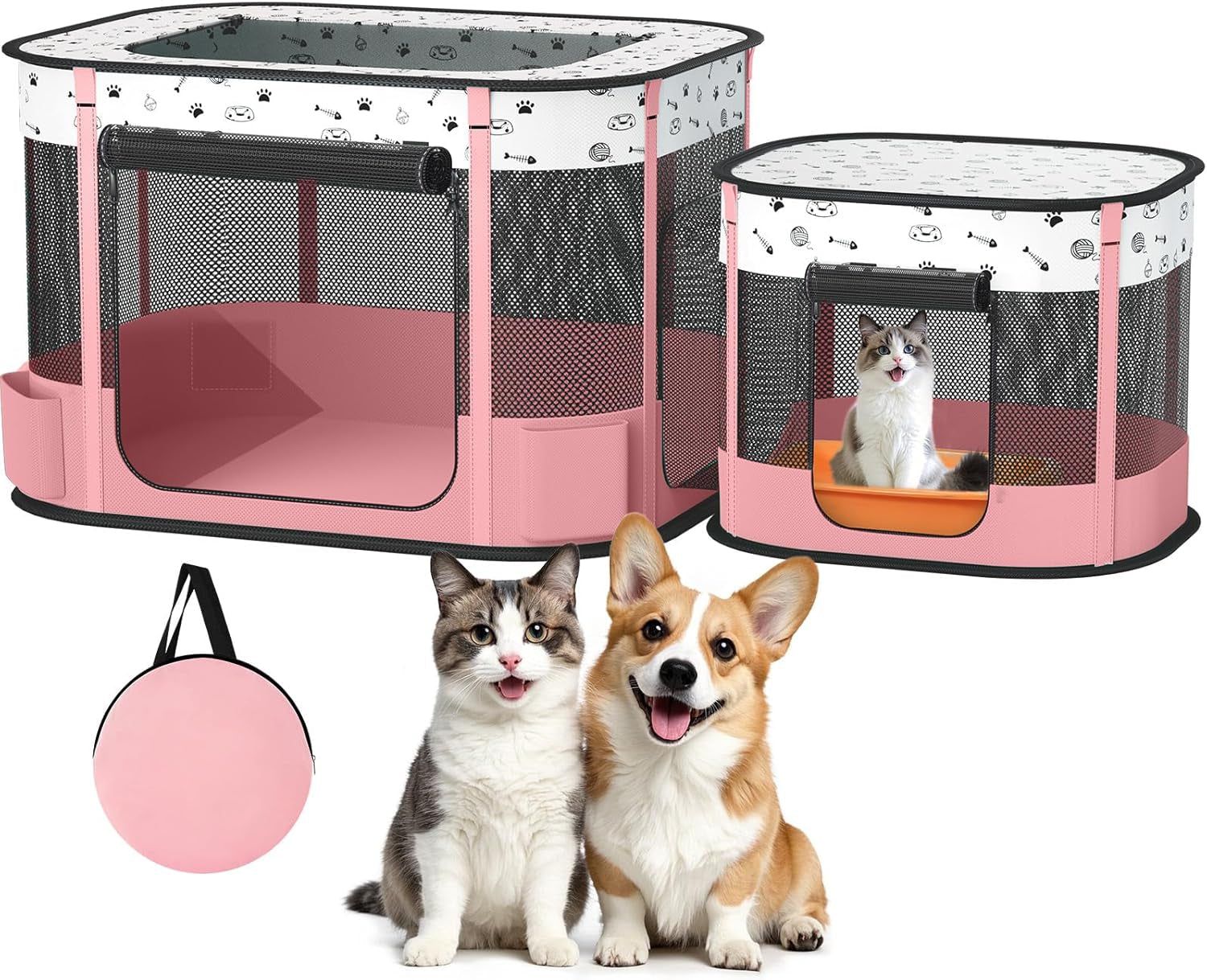 Portable Cat & Dog Playpen Foldable Pet Tent 32" Indoor Outdoor 600D Oxford Pink 32" × 24" × 22"