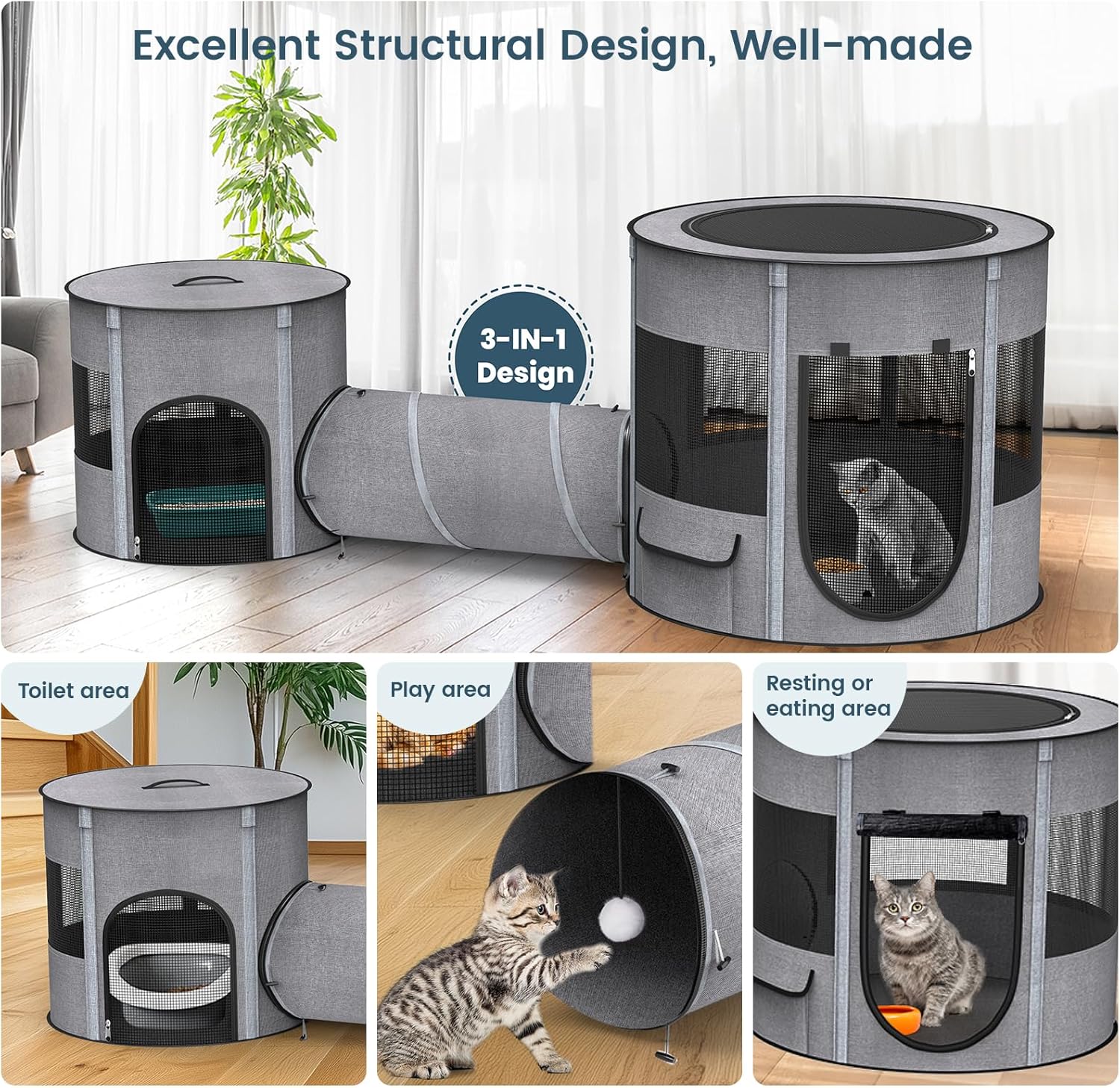 Portable Pet Playpen with Tunnel Foldable 3-in-1 Indoor Outdoor Small Pet & Cats