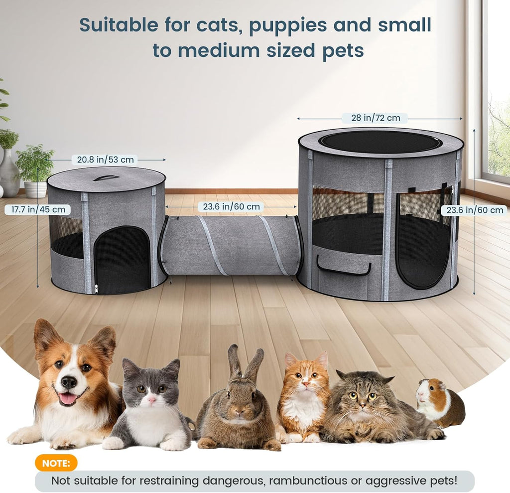 Portable Pet Playpen with Tunnel Foldable 3-in-1 Indoor Outdoor Small Pet & Cats
