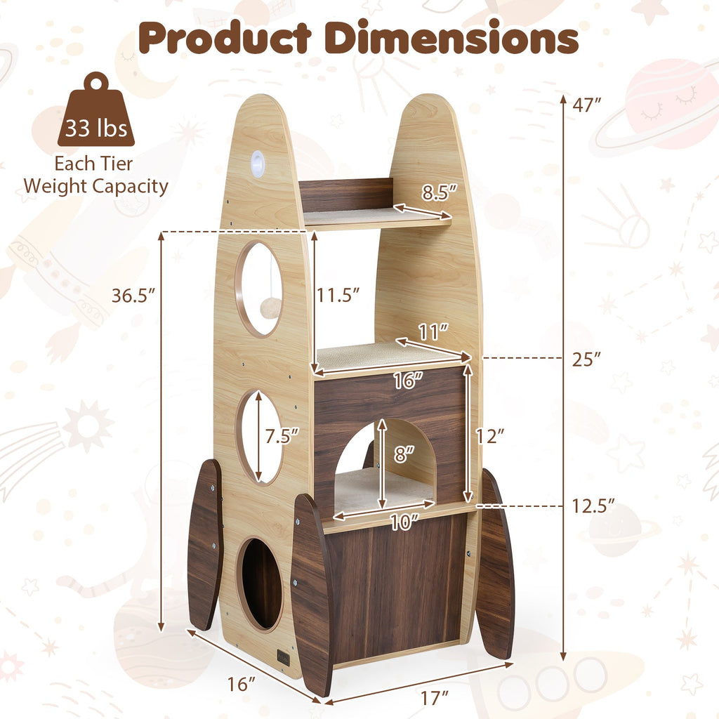 Rocket Cat Tree 47 Inch Large Wooden Cat Tower for Indoor Cats-Natural