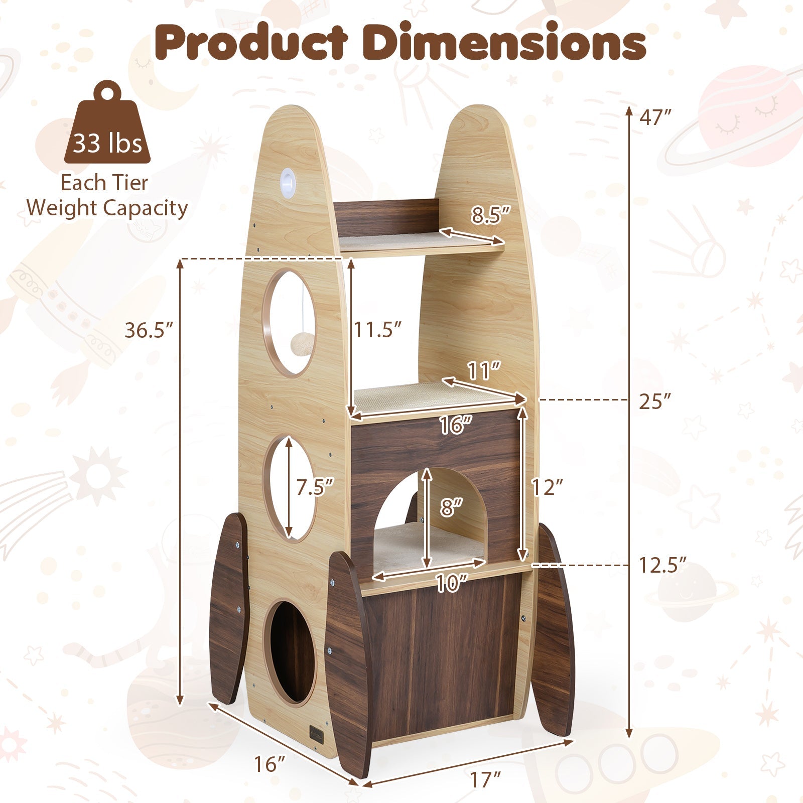 Rocket Cat Tree 47 Inch Large Wooden Cat Tower for Indoor Cats-Natural
