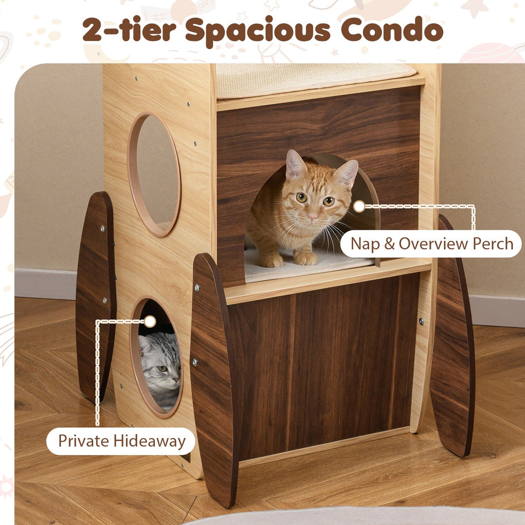 Rocket Cat Tree 47 Inch Large Wooden Cat Tower for Indoor Cats-Natural
