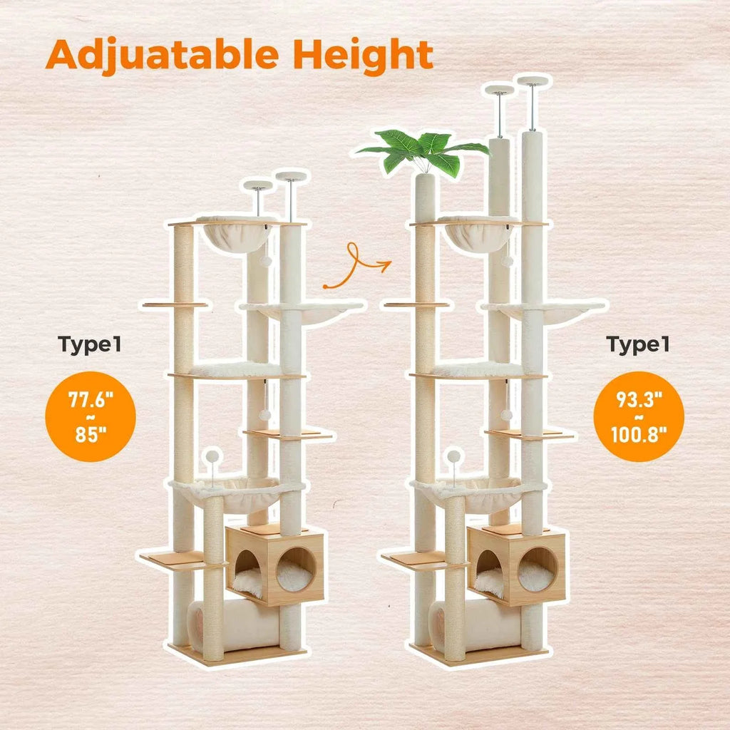 Floor to Ceiling Cat Tree – Adjustable Wooden Tower with Hammock & Sisal Scratching Posts
