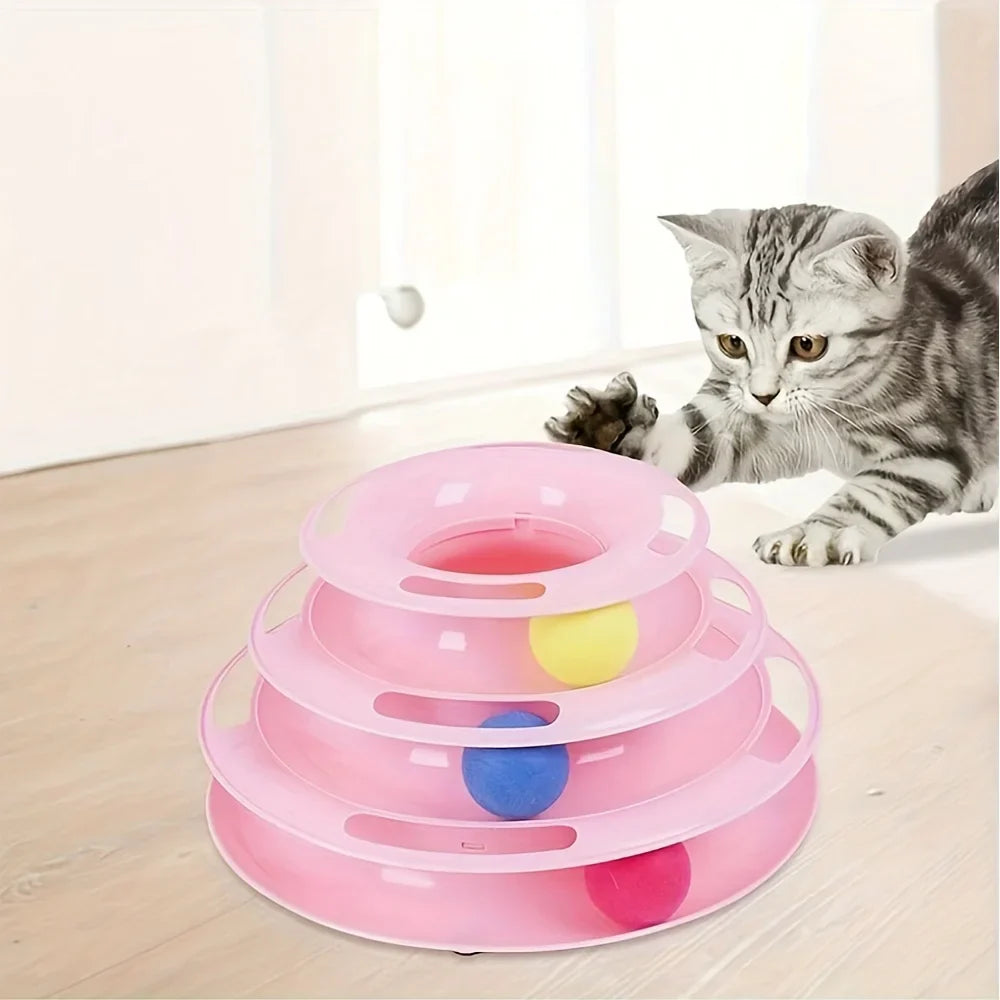 3 Layer Interactive Cat Toy Tower with Colorful Balls Mental Physical Exerciser, Fun Puzzle Game for Active Cats pink XXXL