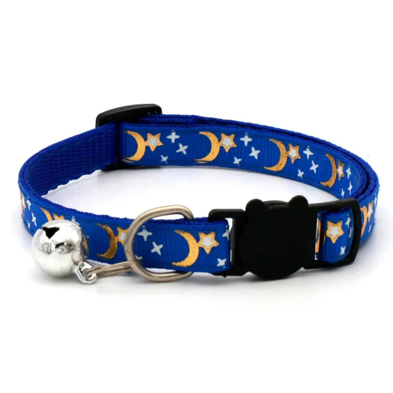Cat Collar with Bell – Adjustable Star & Moon Pet Necklace Blue Adjust 19-32cm