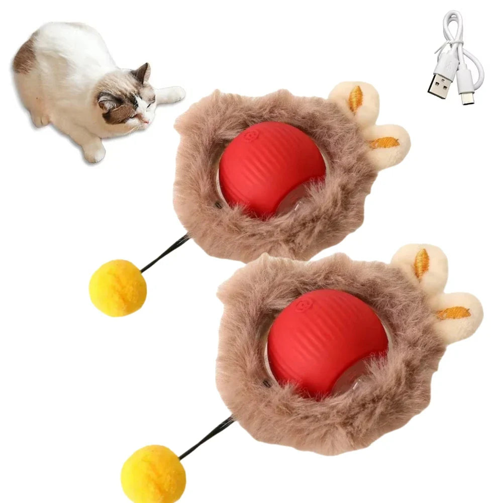 Rechargeable Interactive Rolling Cat Toy with Faux Tail - Motion-Activated Ball for Cats & Small Dogs 2PC Red Plush