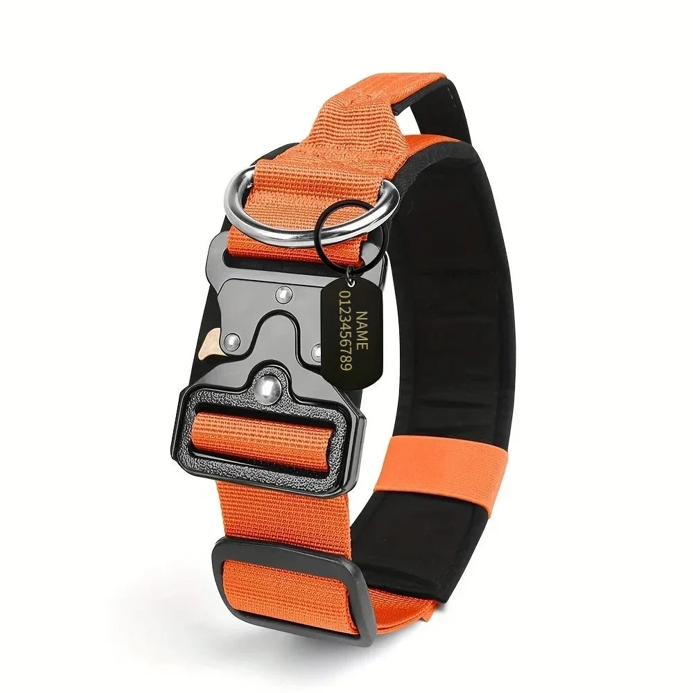 Personalized Tactical Dog Collar Adjustable Military Training Nylon Dog Collar with NamePlate Metal Buckle for Dogs Orange