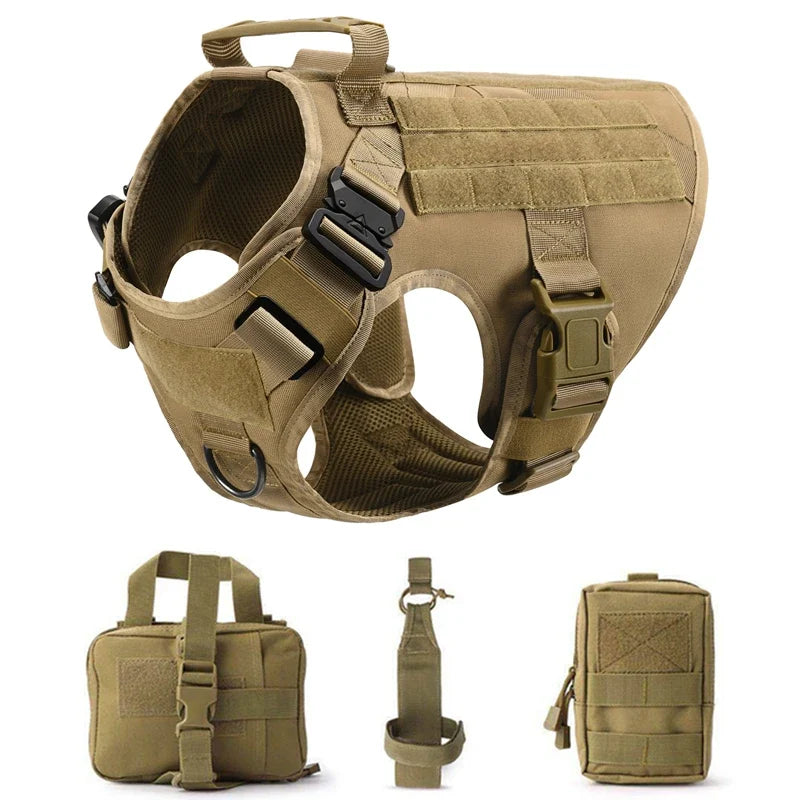 Tactical Military Vest Pet German Shepherd Golden Retriever Tactical Training Dog Harness and Leash Set For All Breeds Dogs Brown 4 piece set