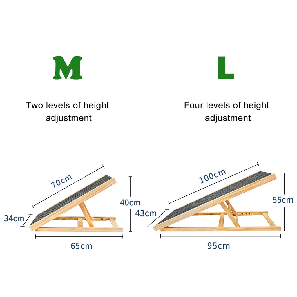 Adjustable Wooden Pet Ramp for Couch & Bed – Foldable 2‑Step/4‑Step Non‑Slip Carpet Ramp for Dogs & Cats (70/100 cm | 27.6/39.4 in)