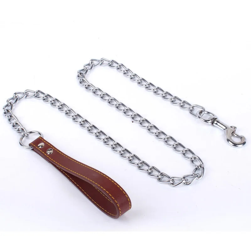 Metal Chain Dog Lead with Leather Style Handle Strong Control Leash Iron Dog Pets Supplies Collars Harnesses Chain Traction Rope Brown