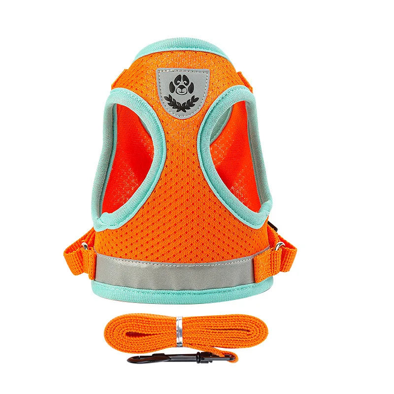 Reflective Adjustable Dog & Cat Harness Vest Set with 1.5m Leash – Breathable Mesh Puppy Kitten Harness (XS-L) Orange Green