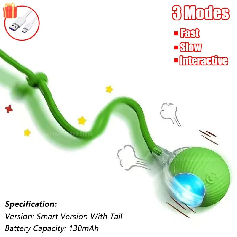 Interactive Rechargeable Cat Ball Toy with Faux Fur Tail — Automatic Rolling Smart Pet Ball (USB-C) for Cats & Small Dogs Green-Rope