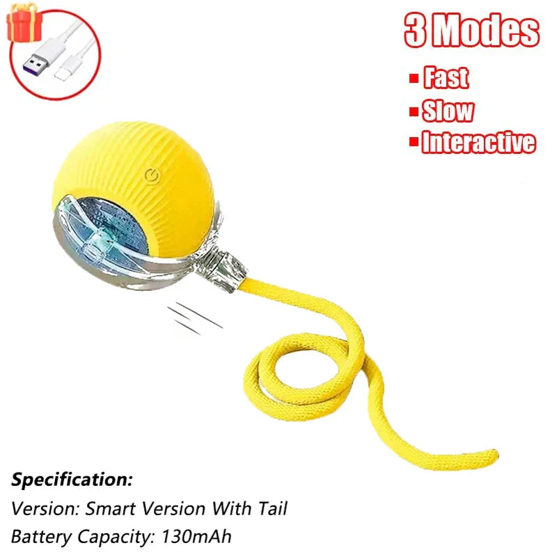 Interactive Rechargeable Cat Ball Toy with Faux Fur Tail — Automatic Rolling Smart Pet Ball (USB-C) for Cats & Small Dogs Yellow-Rope