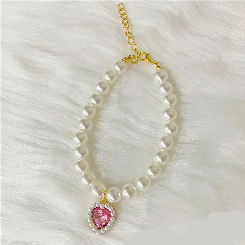 New Pet Collar Pearl Love Necklace Cat Jewelry Cute Collar Puppy Accessories Dog Chain Chihuahua Wedding Jewelry Stuff pink